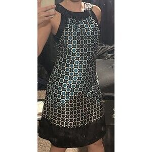Teal Black Geometric Halter Dress Shift Mini Retro Mod Sz.2